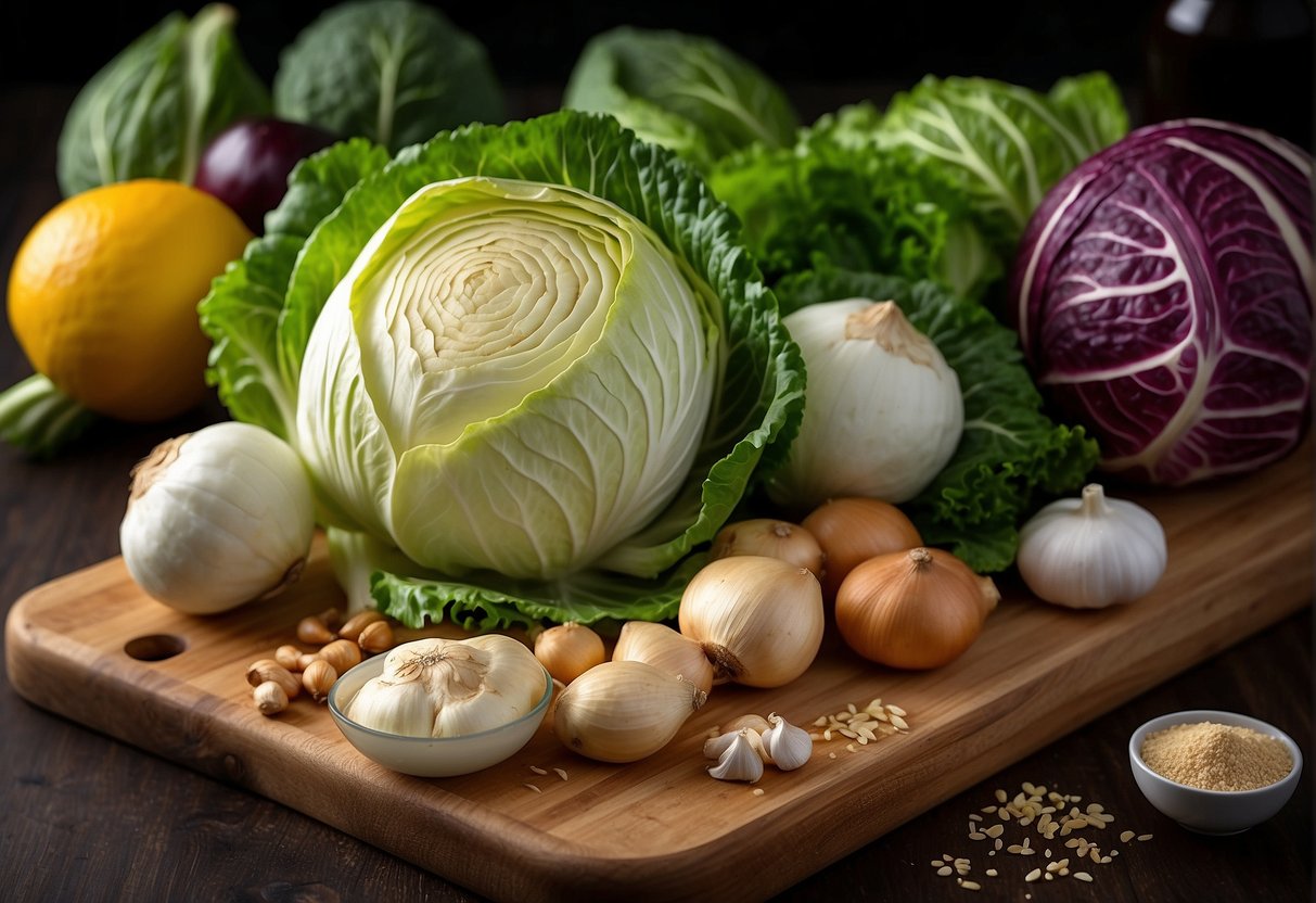 A colorful array of fresh Chinese cabbage, ginger, garlic, and other vibrant ingredients arranged on a cutting board, ready to be transformed into a delicious and nutritious Indian recipe