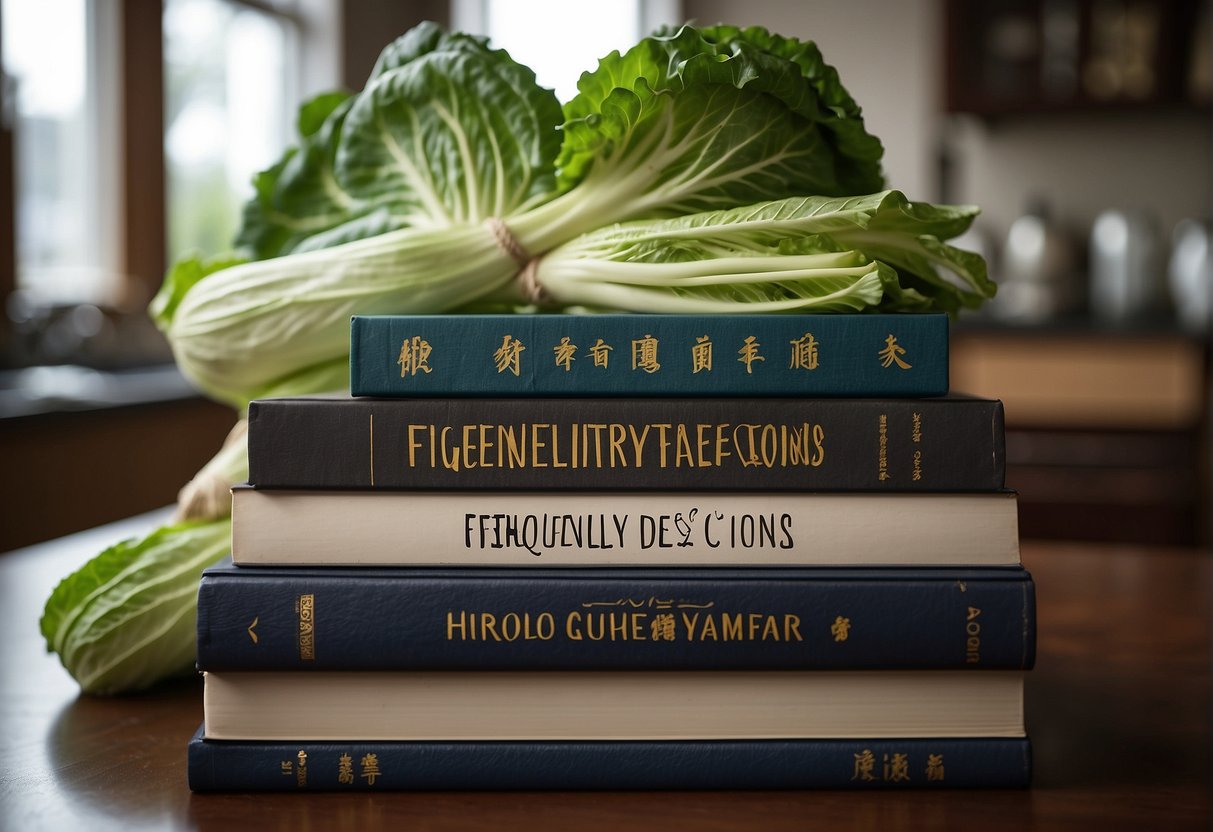 A stack of recipe books with titles "Frequently Asked Questions" in English, Chinese, and Indian scripts, surrounded by fresh Chinese cabbage