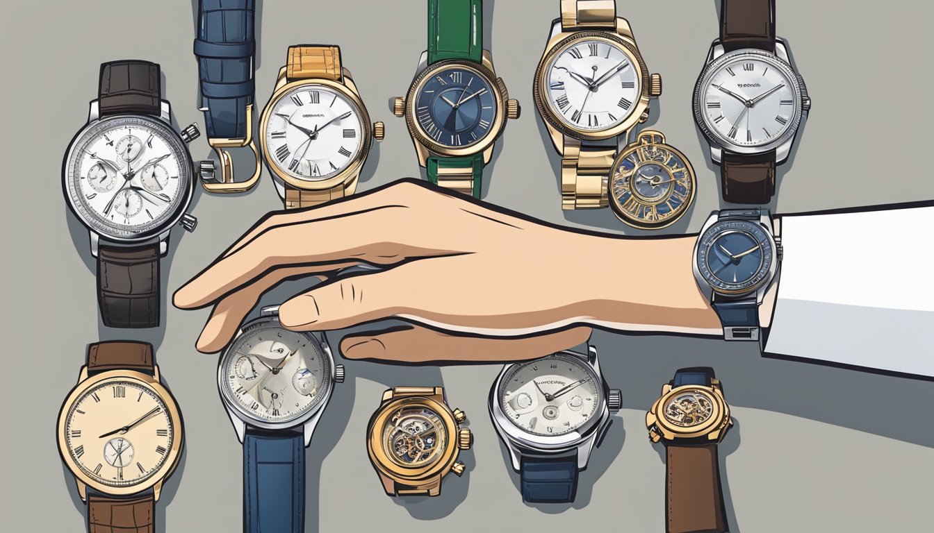 A hand reaches out to select a watch from a display of various timepieces, with a focused expression and careful consideration