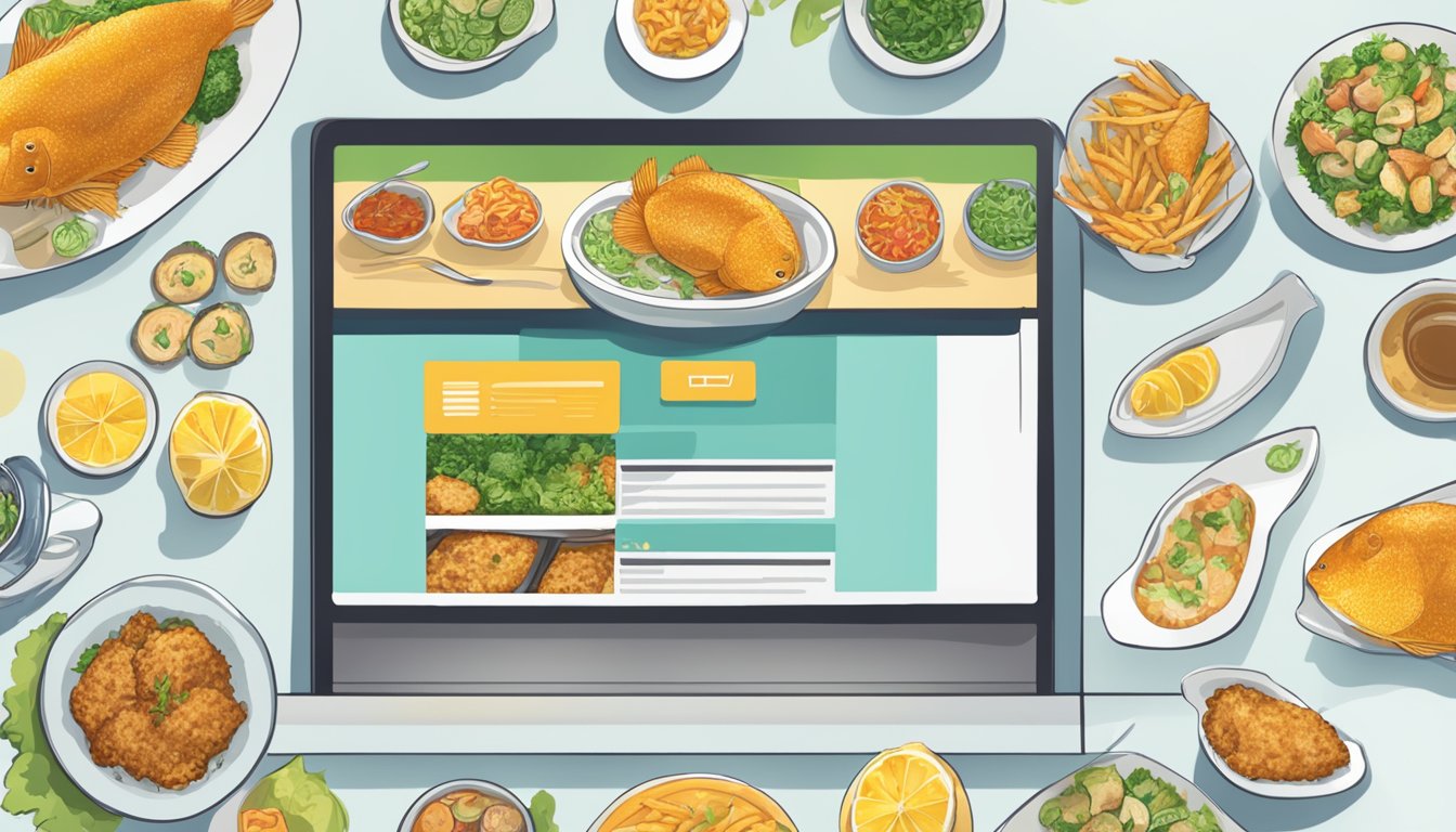 A computer screen showing a website with a "buy fish fry online" button, surrounded by images of crispy, golden fish fillets and a colorful array of side dishes