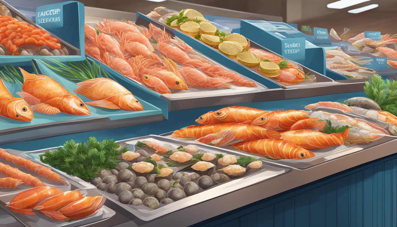 A variety of fresh seafood is displayed on a vibrant, virtual marketplace. The products are neatly arranged and labeled, with colorful fish and other seafood options available for purchase