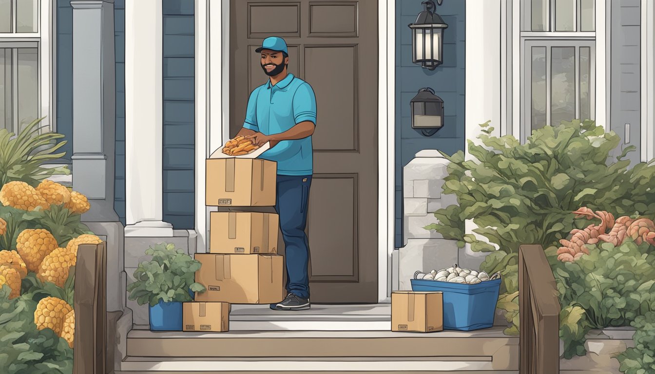 A delivery person drops off a package of fresh seafood at a doorstep