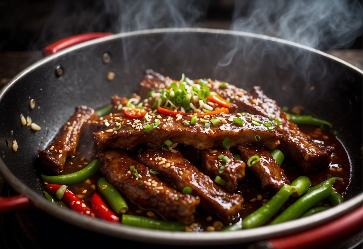Golden-brown pork ribs sizzling in a wok with soy sauce, garlic, and ginger. Steam rising, surrounded by chopped scallions and red chili peppers