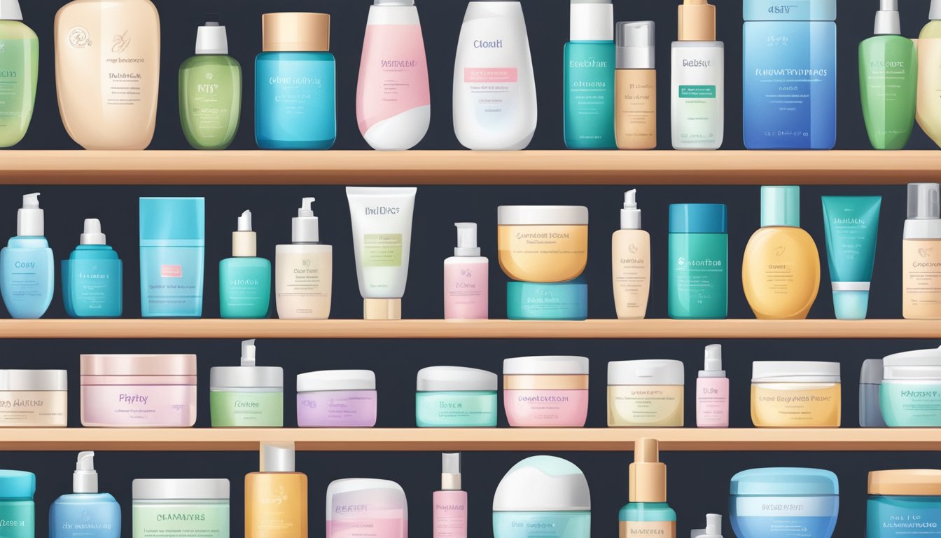 A variety of moisturizers sit on a shelf, each labeled for different skin types. Online shopping cart icon in the corner