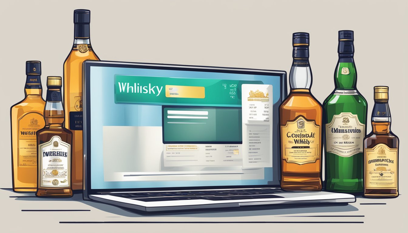 A computer screen showing a website with various whisky bottles, a credit card, and a delivery address in Malaysia
