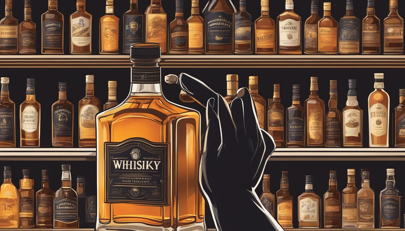 A hand reaches for a bottle of whisky on a shelf, surrounded by various options and labels, with a warm, inviting glow emanating from the display