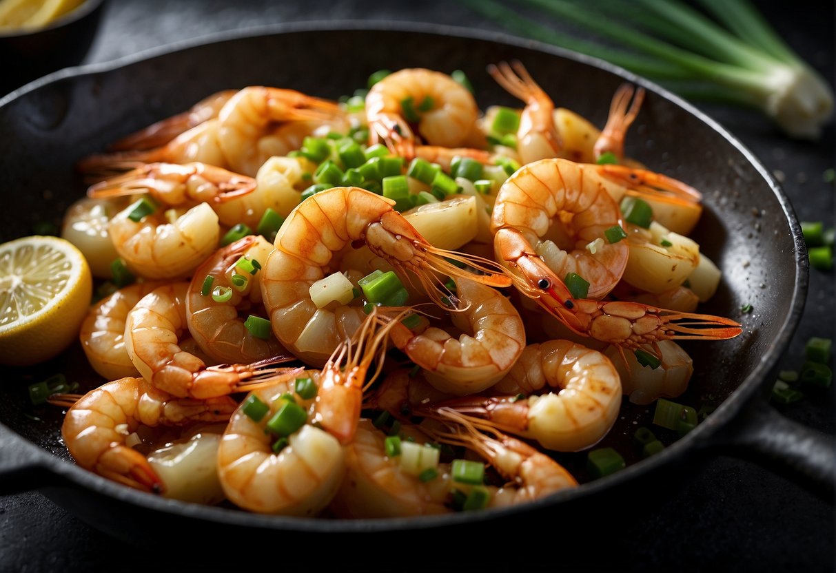 Golden prawns sizzle in a wok with garlic, ginger, and soy sauce. A sprinkle of green onions adds color and freshness