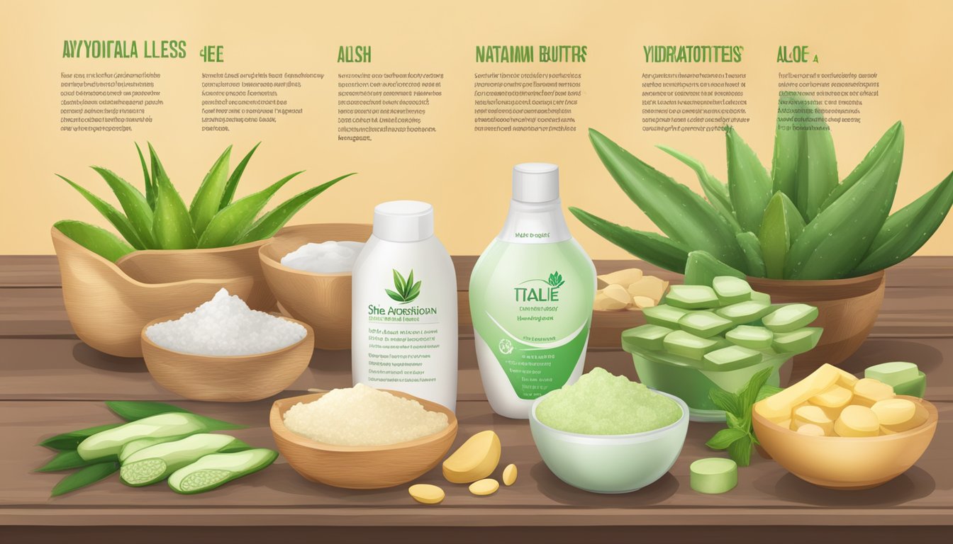 A table with various natural ingredients like aloe, shea butter, and vitamins, alongside a list of benefits such as hydration, anti-aging, and UV protection
