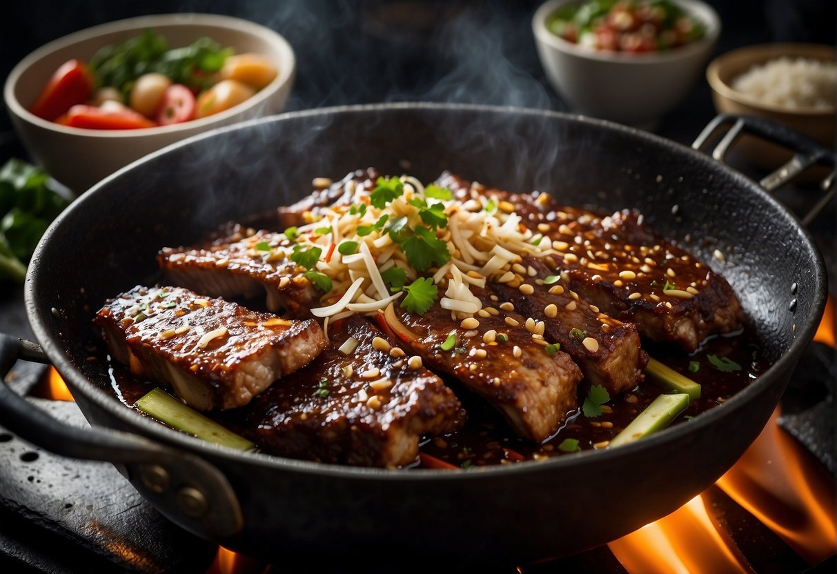 Sizzling pork ribs frying in a wok with garlic, ginger, and soy sauce. Steam rising, creating a mouth-watering aroma