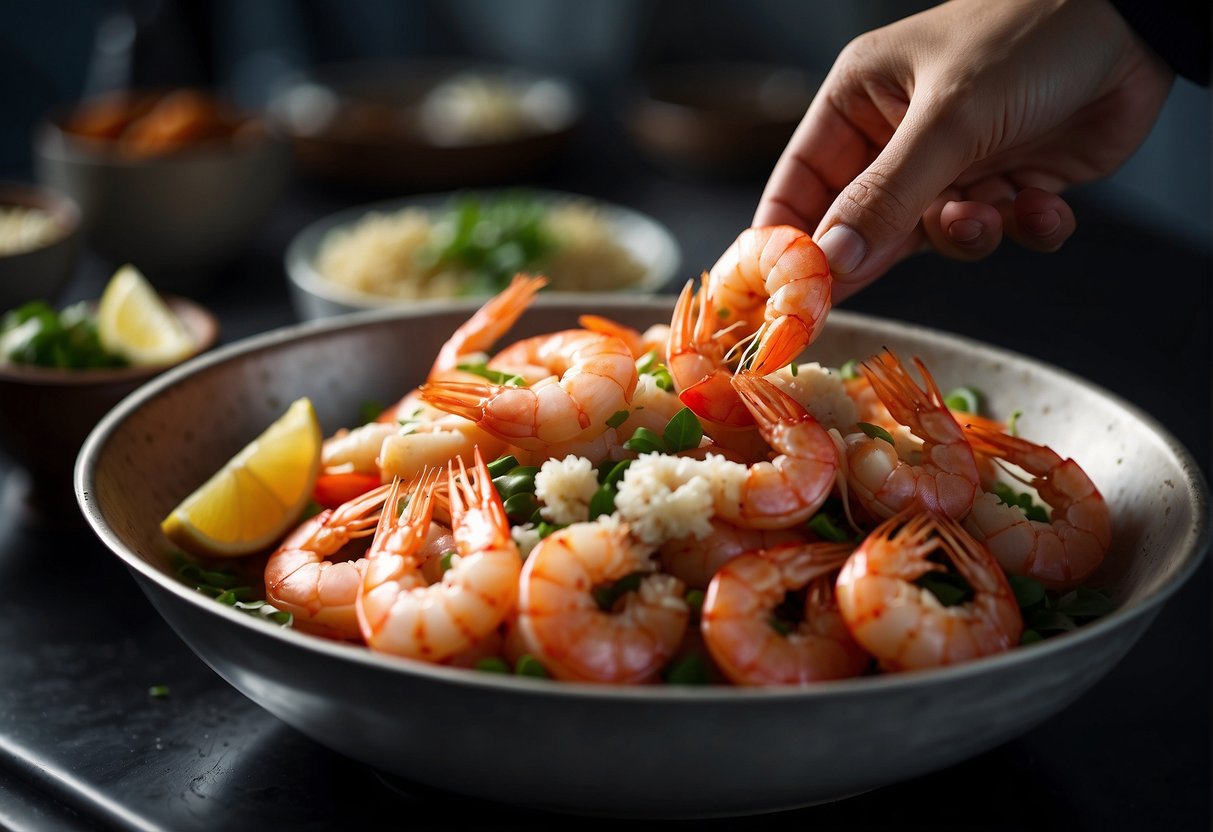 A hand reaches for fresh prawns, ginger, garlic, and soy sauce on a kitchen counter. Oil sizzles in a wok nearby