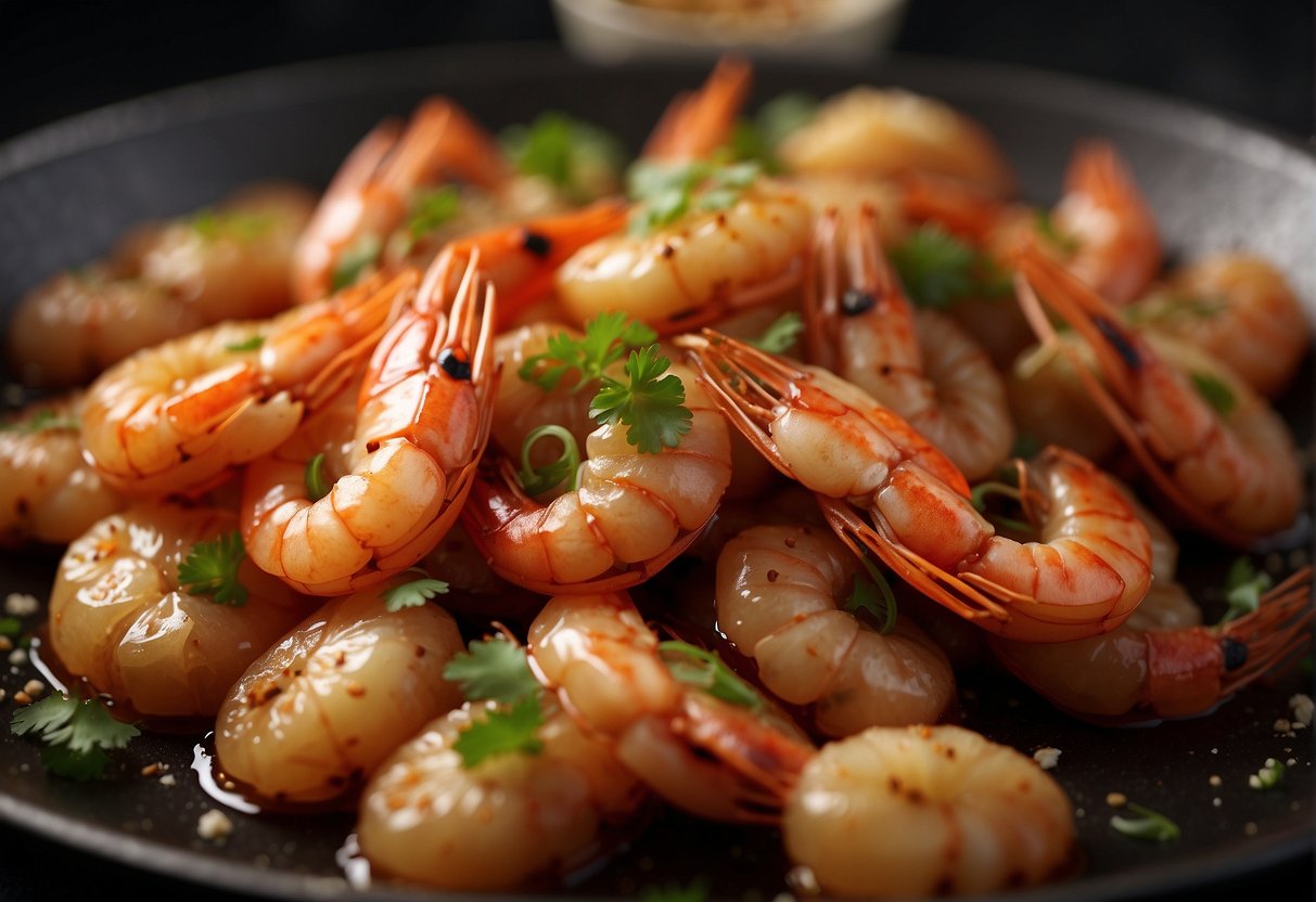 Prawns being marinated in soy sauce and spices, then coated in cornstarch before being fried in a wok until golden and crispy