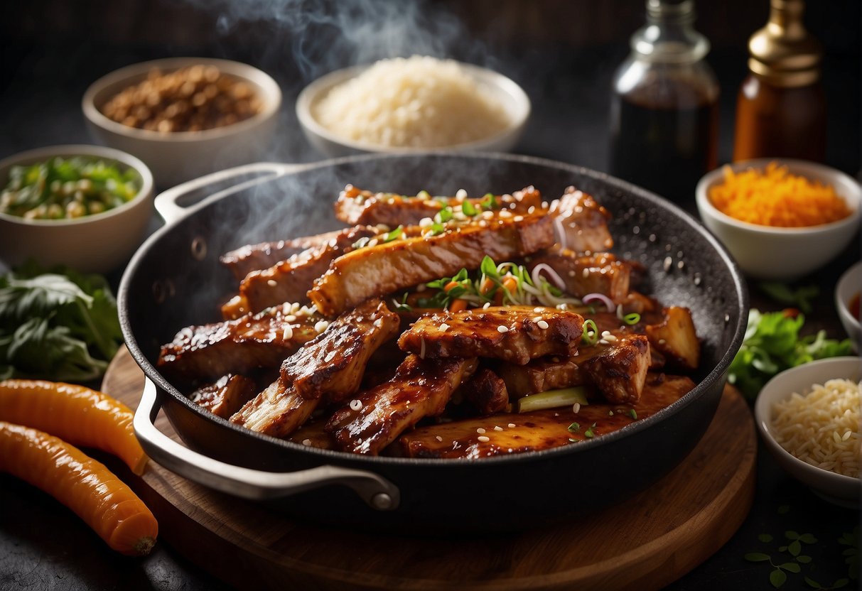 Golden brown pork ribs sizzle in a hot pan, emitting a savory aroma. Surrounding ingredients such as garlic, ginger, and soy sauce are laid out on a clean kitchen counter
