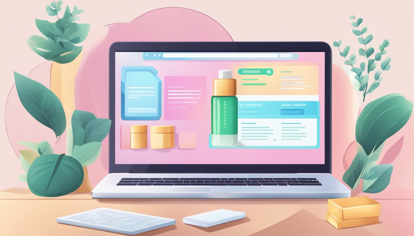 A laptop open to a webpage titled "Frequently Asked Questions: Buy Moisturizer Online" with a variety of skincare products displayed on the screen