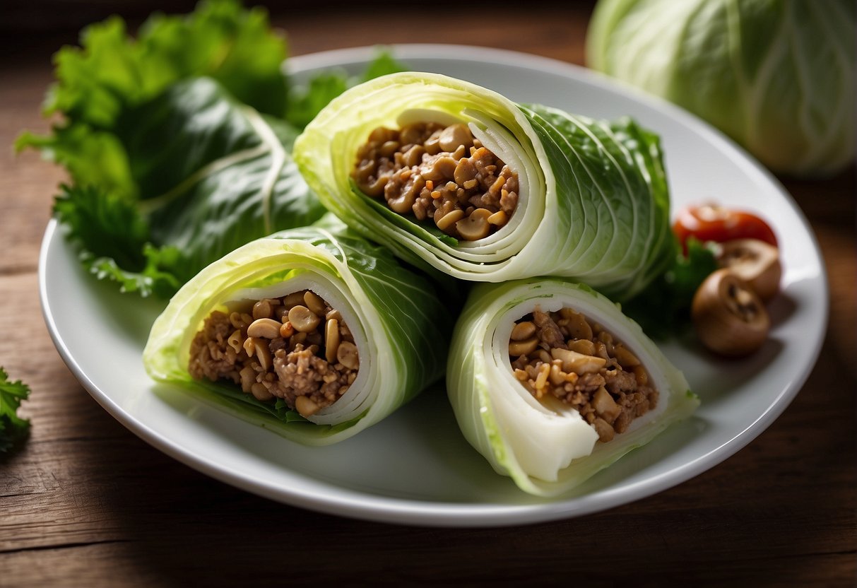 Fresh Chinese cabbage leaves wrap around a savory filling of ground pork, mushrooms, and seasonings