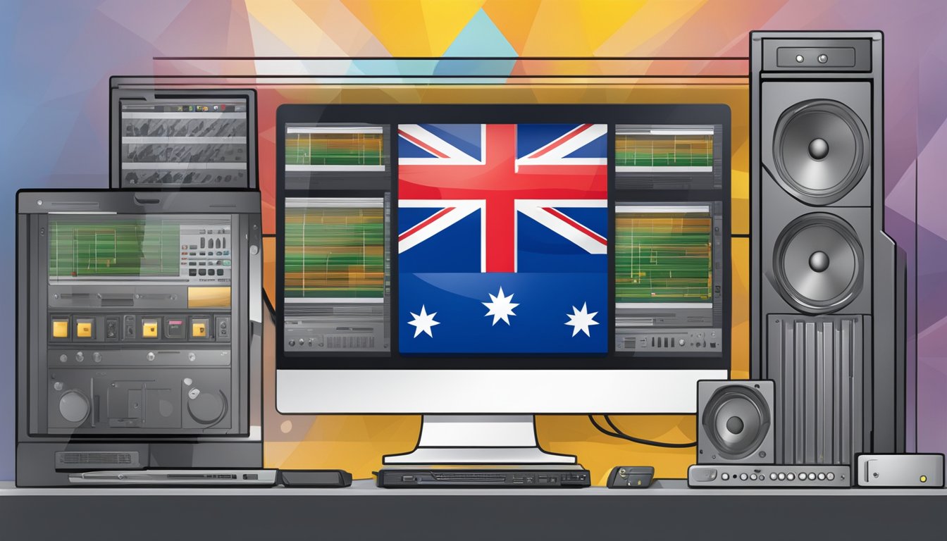 A computer screen displaying an online music store with the Australian flag in the background
