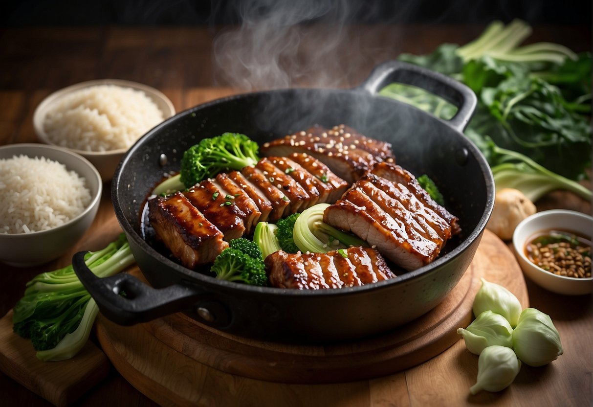 Golden brown pork ribs sizzling in a hot pan, surrounded by vibrant green bok choy and steamed rice. A drizzle of savory soy sauce completes the dish