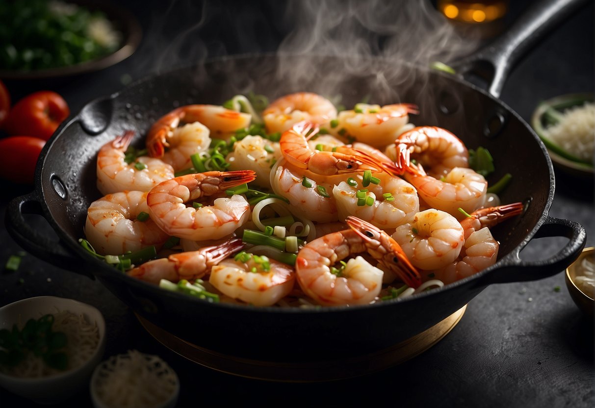 Prawns sizzle in a hot wok, surrounded by aromatic garlic, ginger, and scallions. The chef expertly tosses the ingredients, creating a mouthwatering aroma