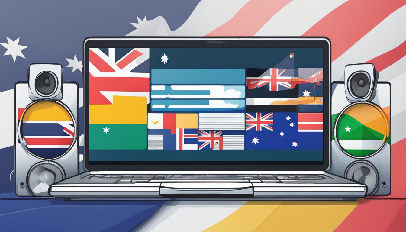 A laptop screen displaying various music streaming websites, surrounded by headphones and speakers. An Australian flag in the background