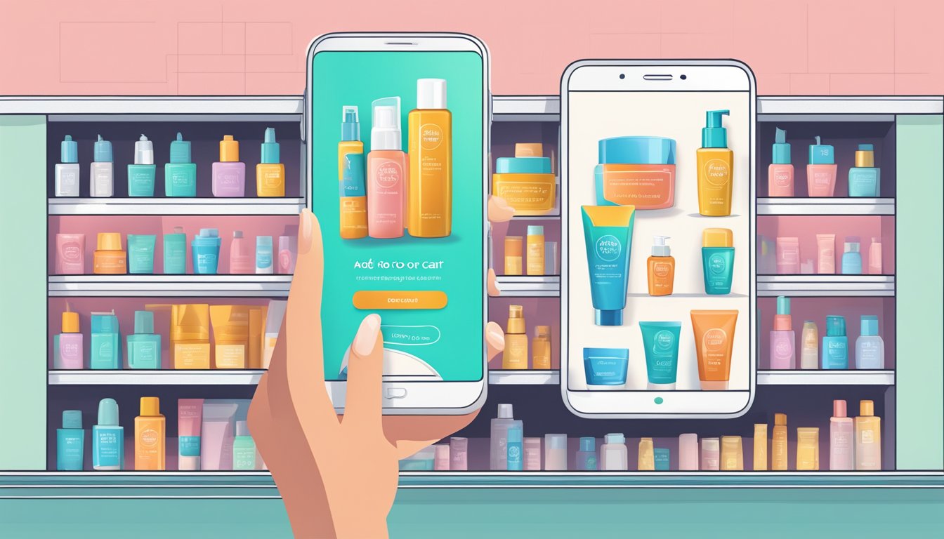 A hand clicks "add to cart" on a phone while a tube of foot cream is displayed on the screen