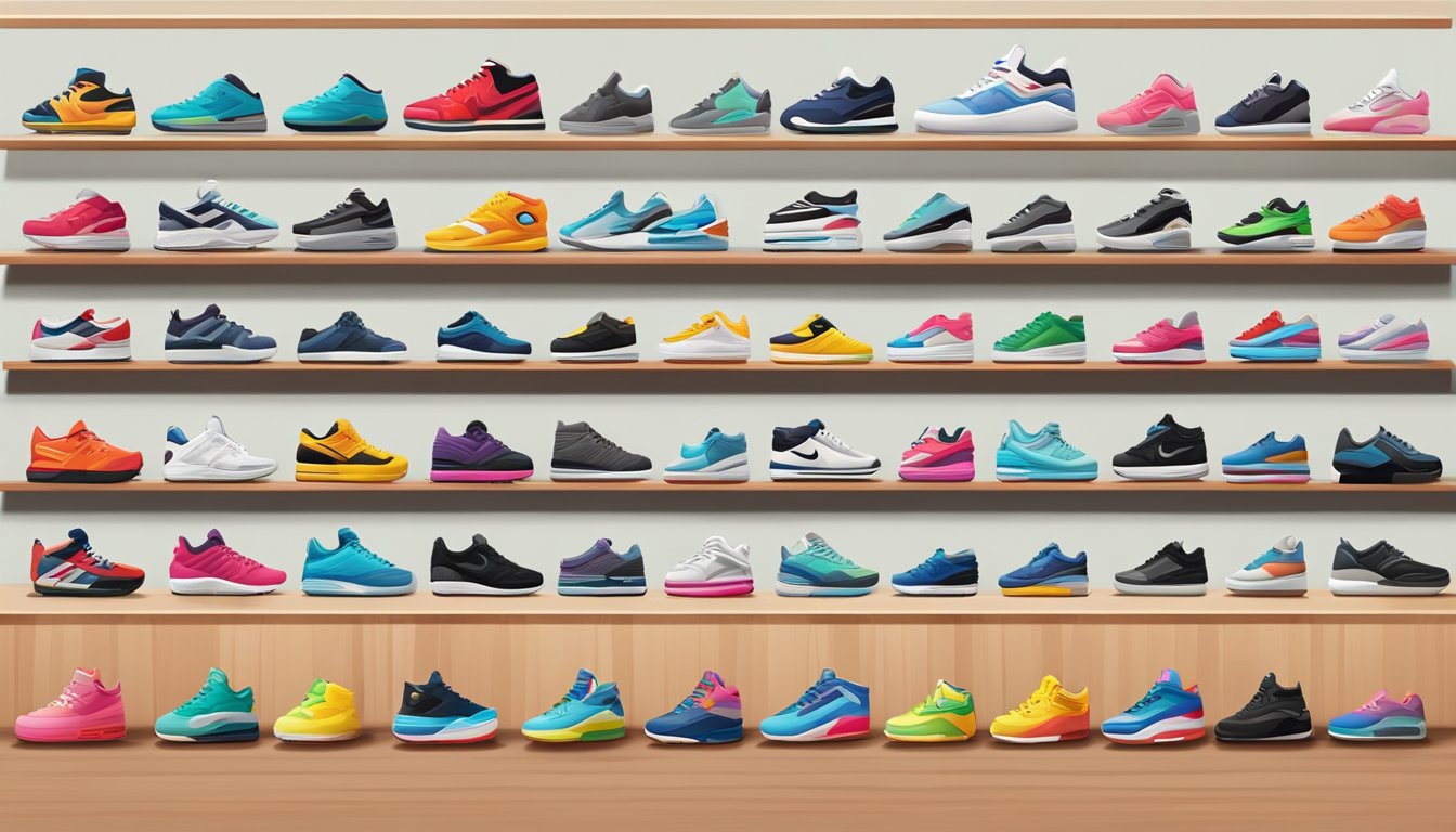 A colorful array of sneaker brands, lined up neatly on shelves, each with their distinct logos and designs