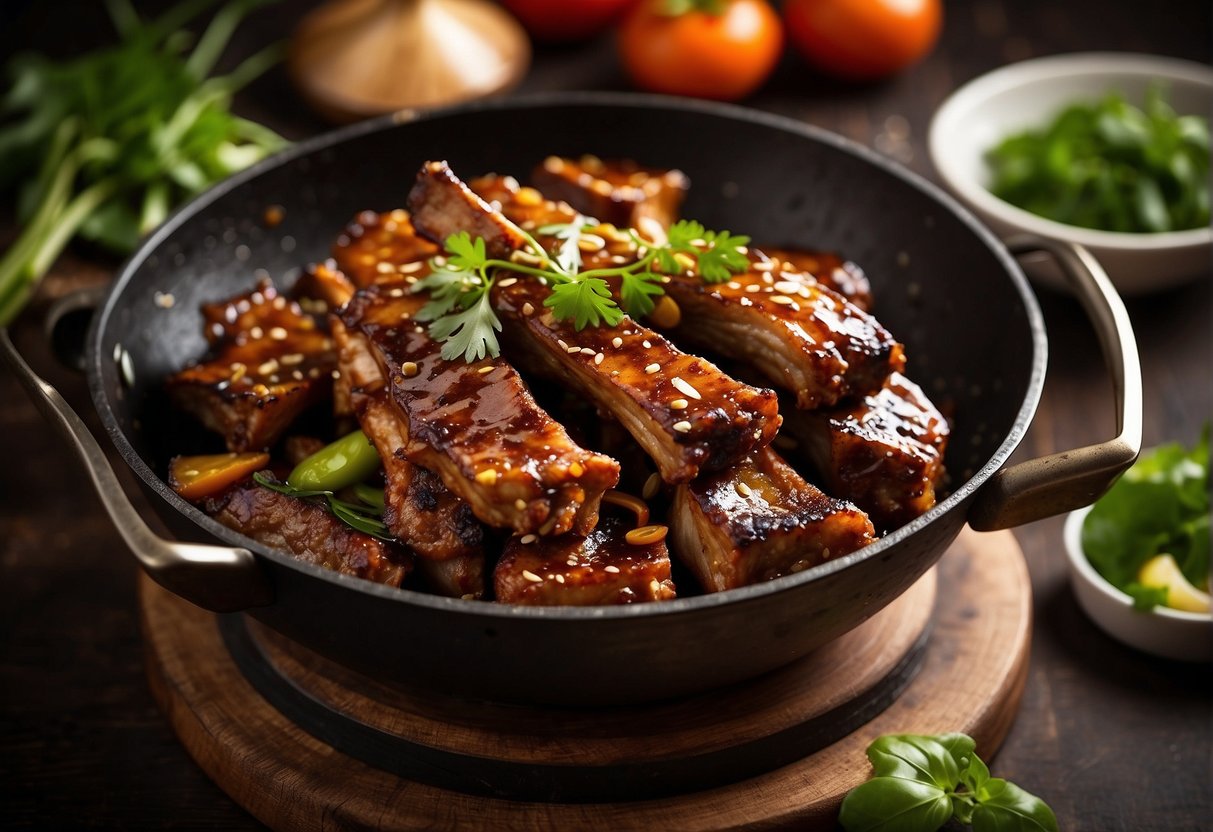 A sizzling wok of golden brown pork ribs, surrounded by aromatic spices and garnished with fresh herbs