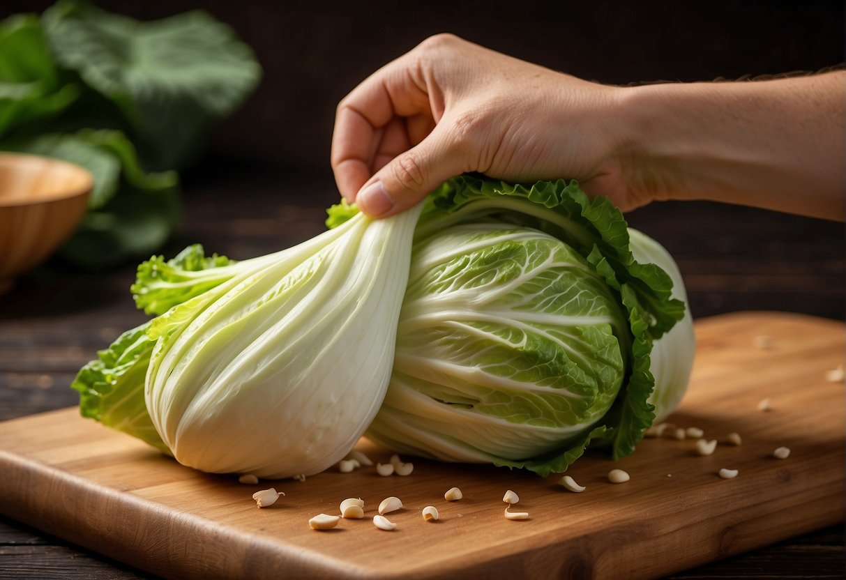 A hand reaches for fresh Chinese cabbage, ginger, garlic, and soy sauce on a wooden cutting board