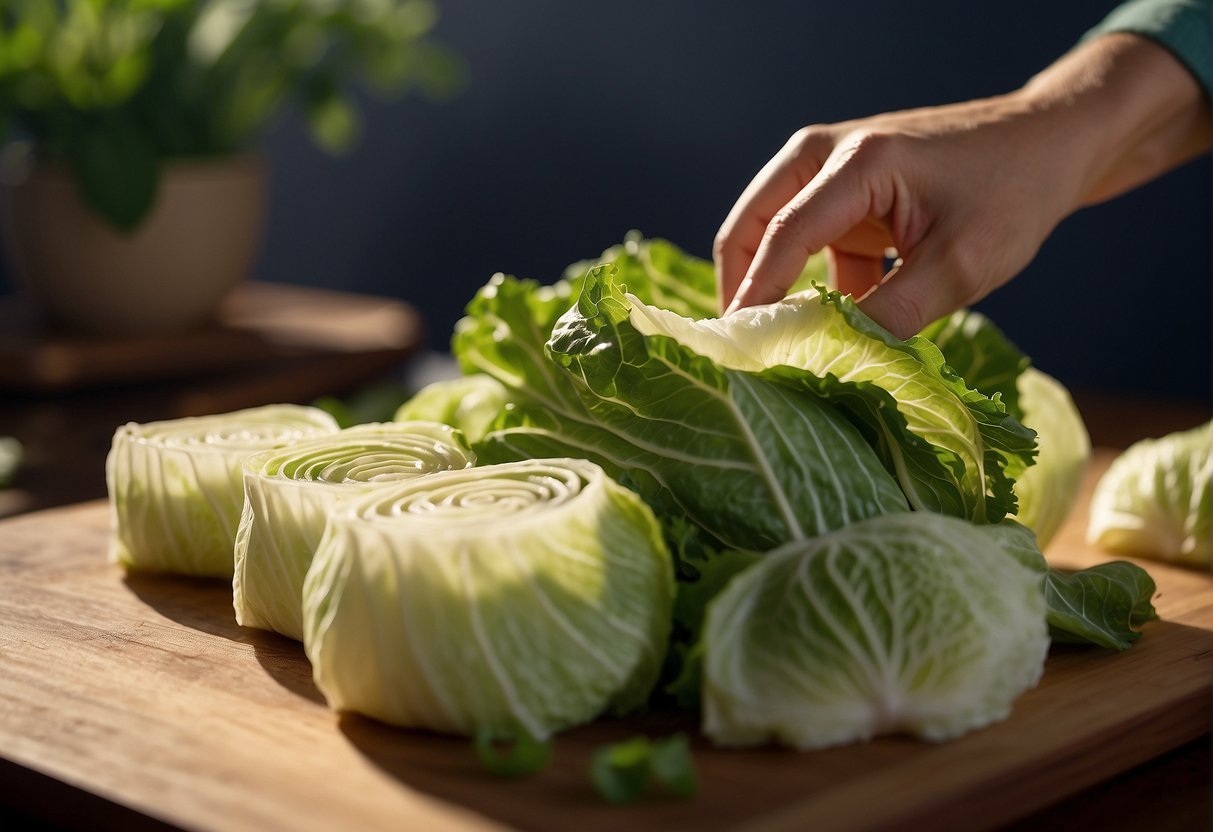 Chinese cabbage leaves being filled with savory mixture, rolled tightly, and arranged neatly on a cutting board