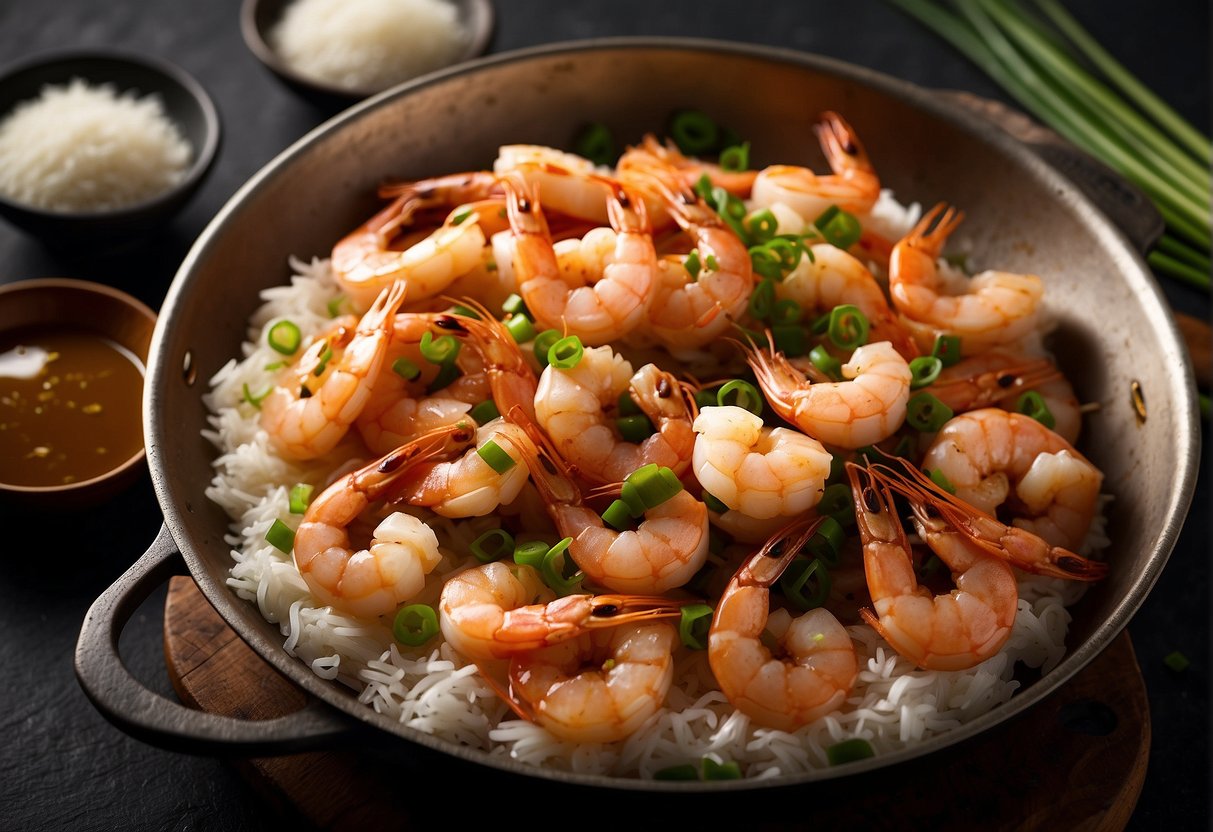 Prawns sizzling in a hot wok, surrounded by aromatic garlic, ginger, and scallions. Soy sauce and rice wine being drizzled over the golden-brown prawns