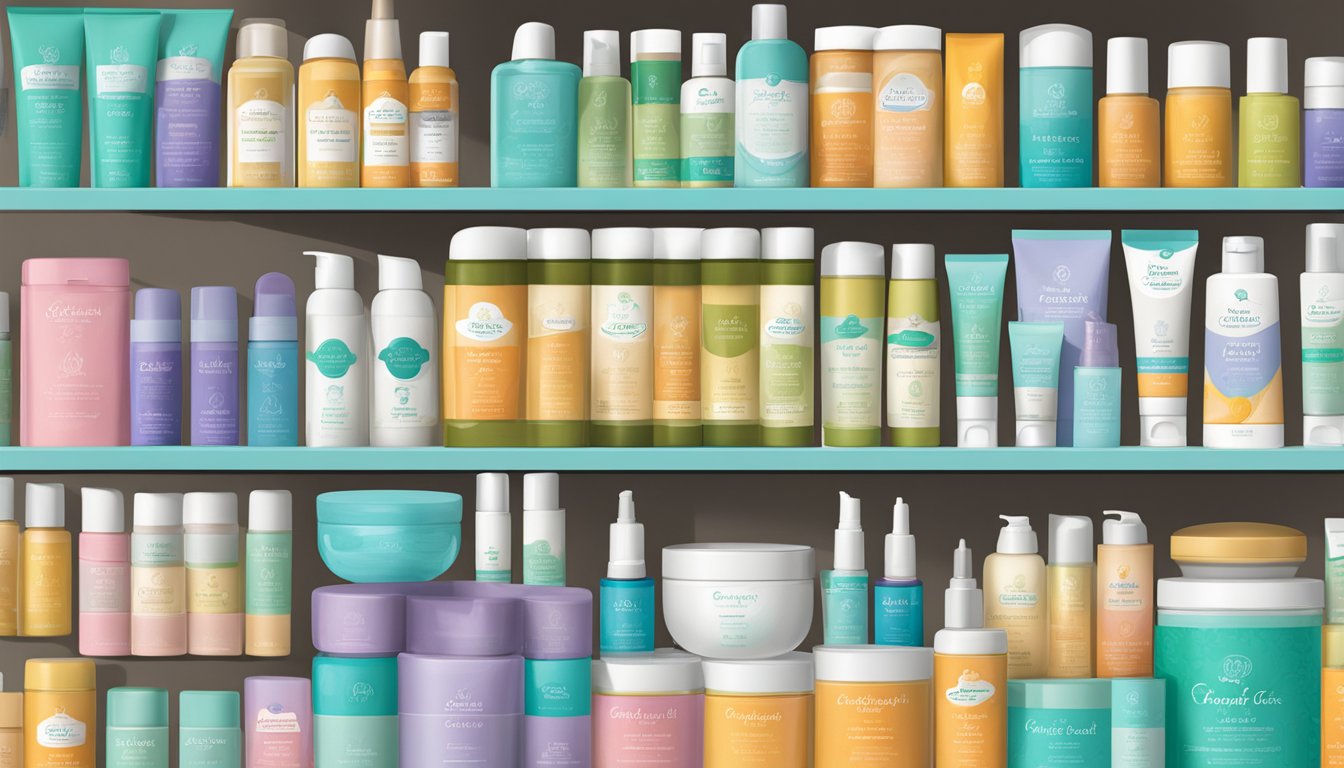 A variety of foot care products are displayed on a shelf, including foot creams, lotions, and balms. Bright packaging and soothing imagery convey the benefits of each product