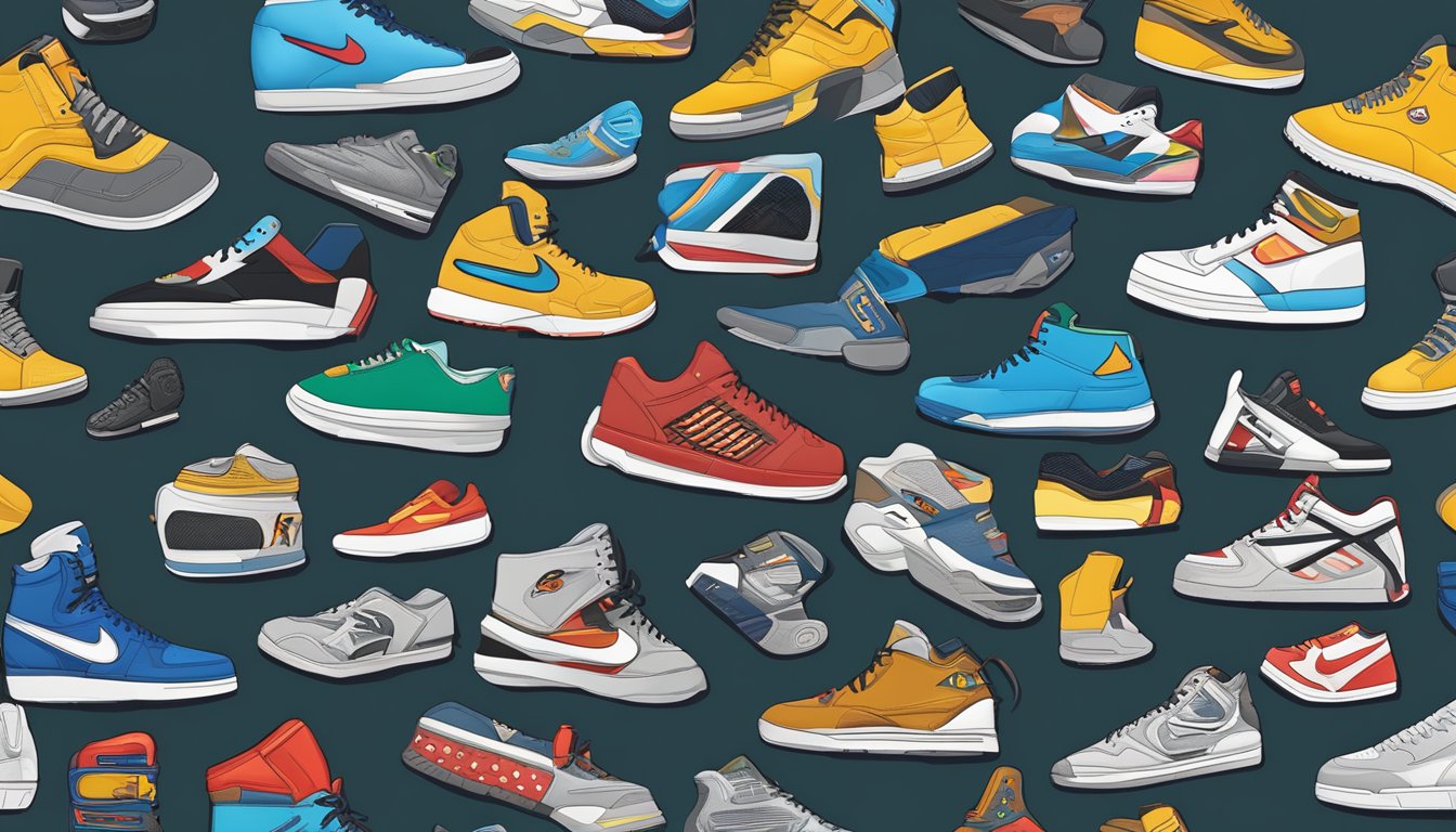 A display of iconic sneaker brands' logos and historical artifacts, representing their heritage and legacy in the sneaker industry