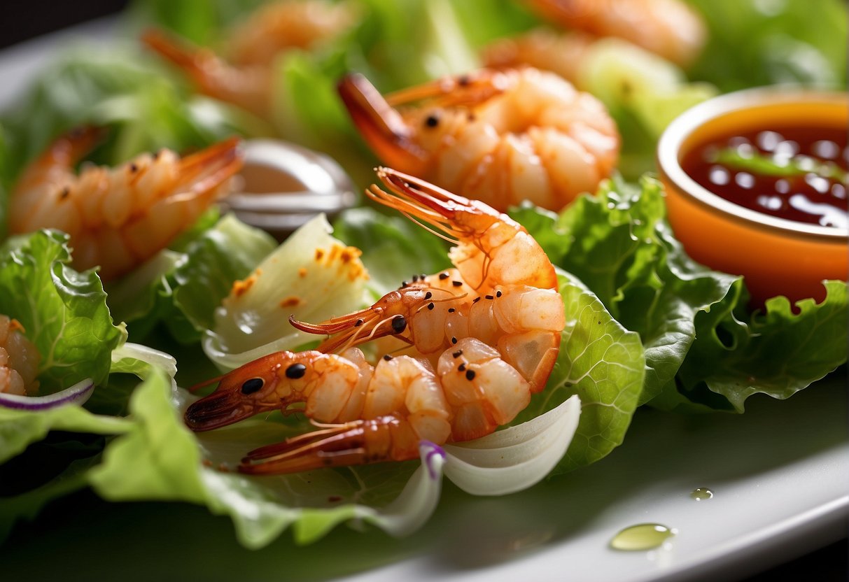 Fried prawns arranged on a bed of lettuce, garnished with sliced scallions and a drizzle of savory soy sauce