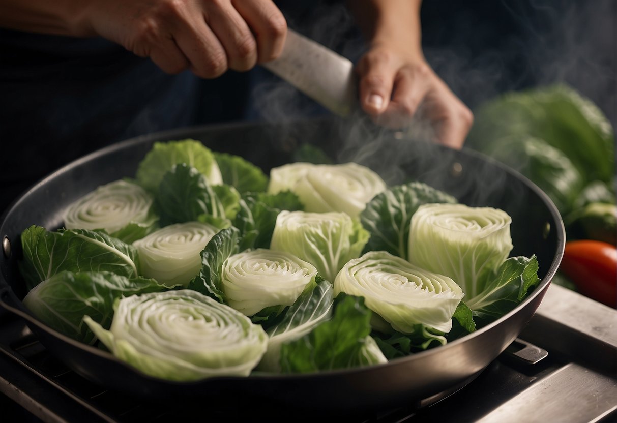 Chinese cabbage leaves being rolled and filled with ingredients, then cooked in a pan