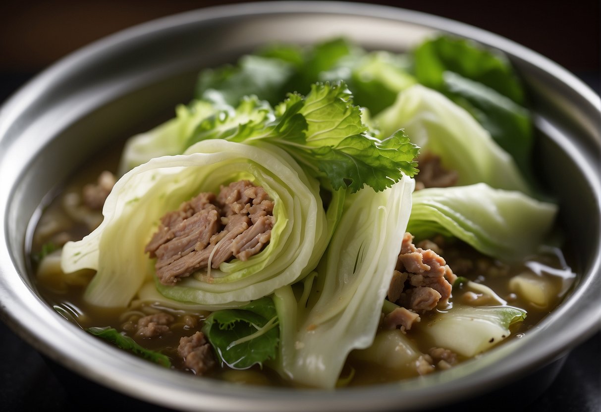Chinese cabbage leaves being filled with a savory mixture of ground pork, ginger, and garlic, then rolled and steamed in a flavorful broth