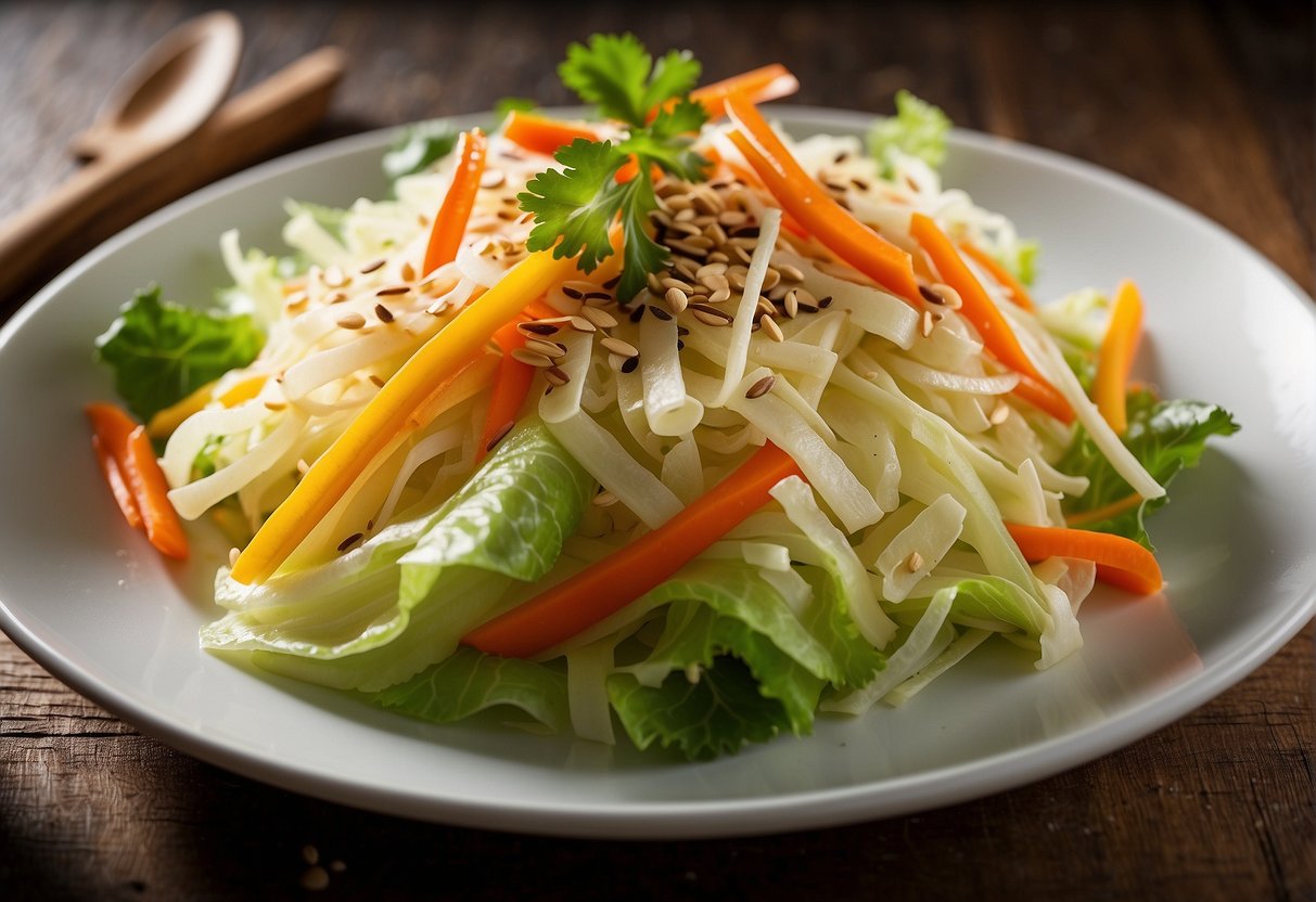 A colorful array of shredded Chinese cabbage, carrots, and bell peppers tossed in a tangy dressing, garnished with sesame seeds and sliced almonds