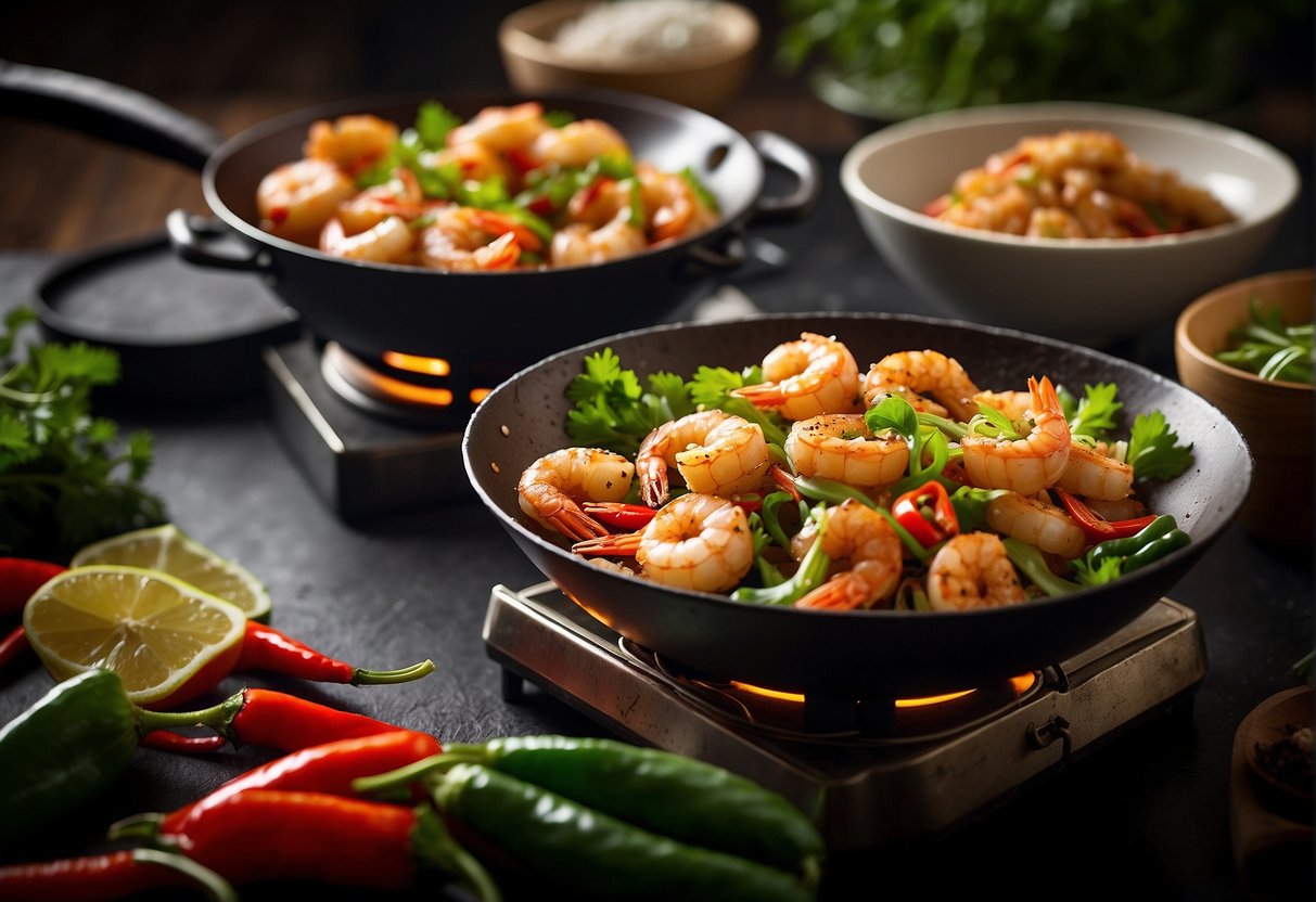 A sizzling wok holds plump, golden-fried prawns coated in a fragrant Chinese seasoning, surrounded by vibrant green scallions and fiery red chili peppers