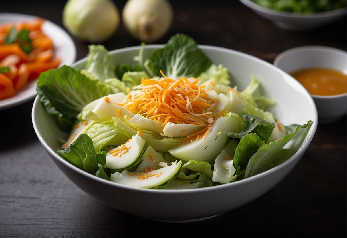 Fresh Chinese cabbage being sliced and tossed with vibrant vegetables and a tangy dressing in a large bowl