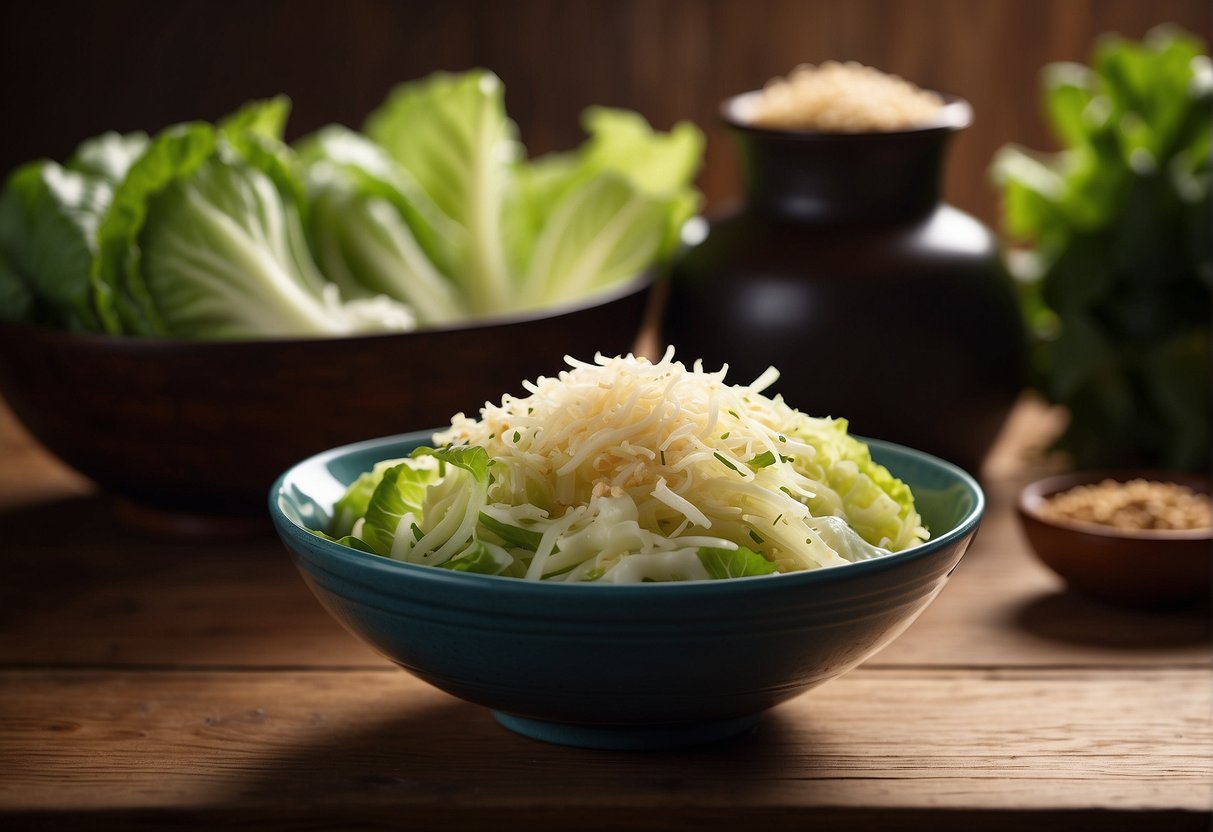 A bowl of Chinese cabbage salad with ingredients like soy sauce, sesame oil, rice vinegar, and ginger on a wooden table