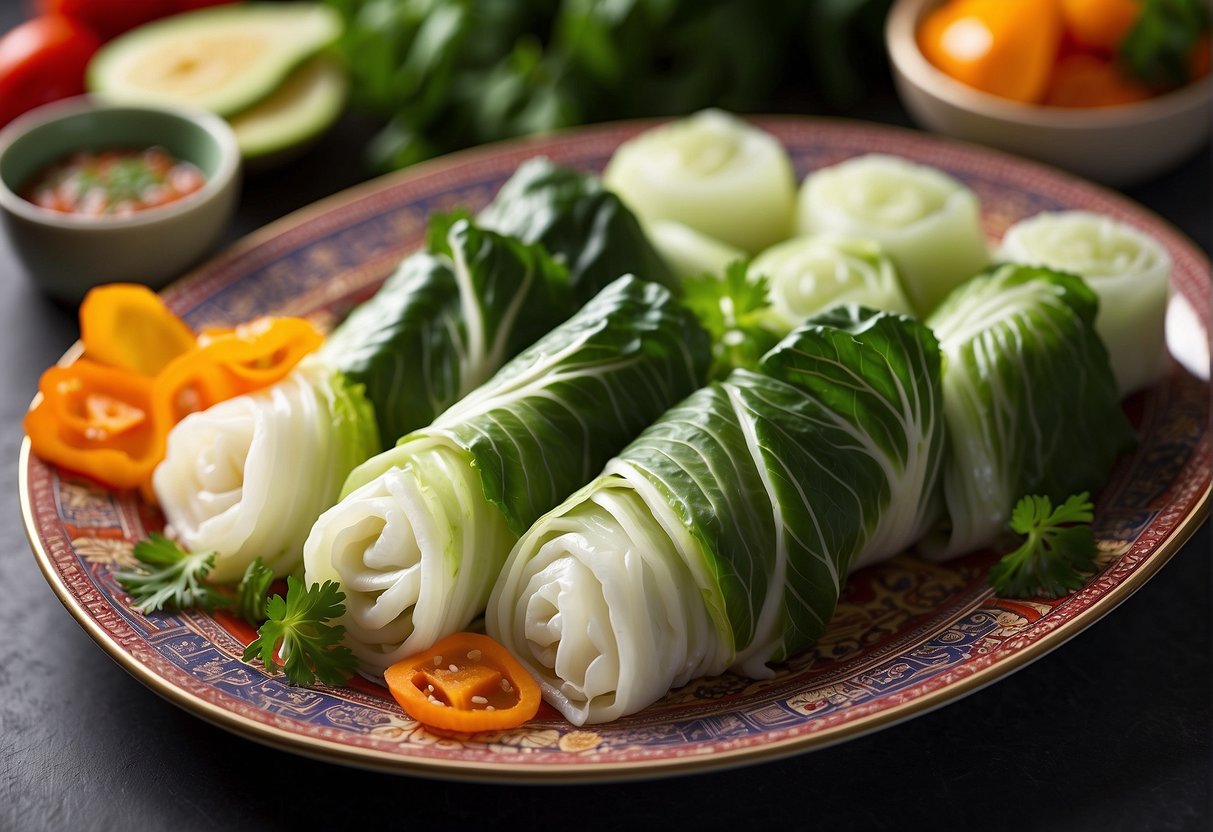 Chinese cabbage rolls arranged on a vibrant platter, surrounded by colorful side dishes and garnished with fresh herbs