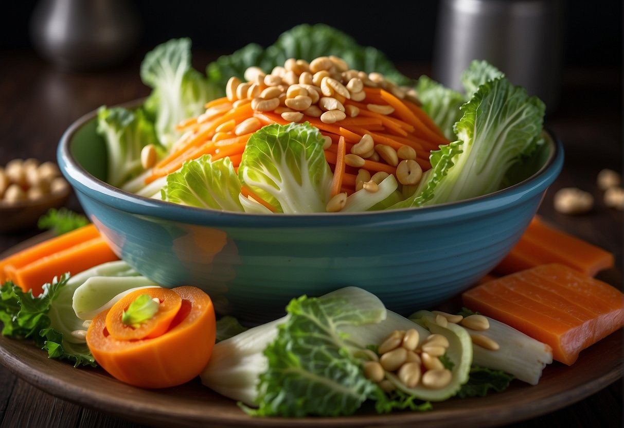 Fresh Chinese cabbage, sliced carrots, and crunchy peanuts are arranged in a colorful bowl. A drizzle of tangy sesame dressing adds the finishing touch