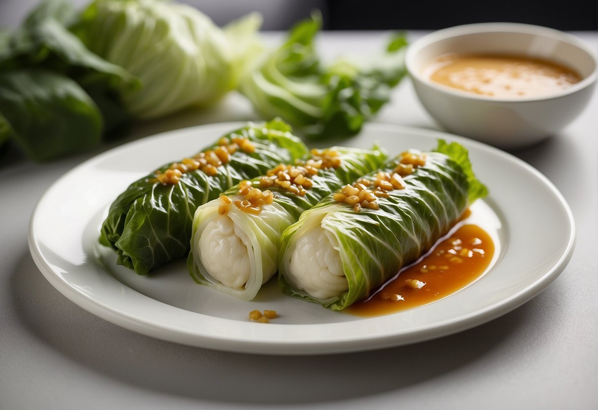 Chinese cabbage rolls arranged on a clean, white plate with a side of dipping sauce. Ingredients and utensils neatly organized in the background