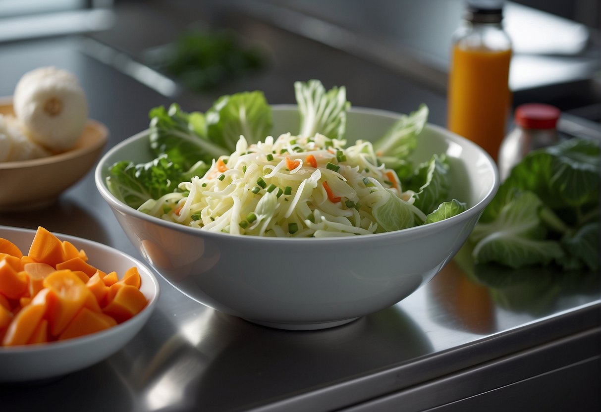 A bowl of Chinese cabbage salad being prepared and stored in a refrigerator. Ingredients and utensils are laid out on a kitchen counter