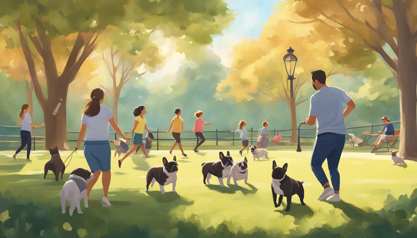 A family of French Bulldogs playing in a sunny park, surrounded by loving owners and potential adopters