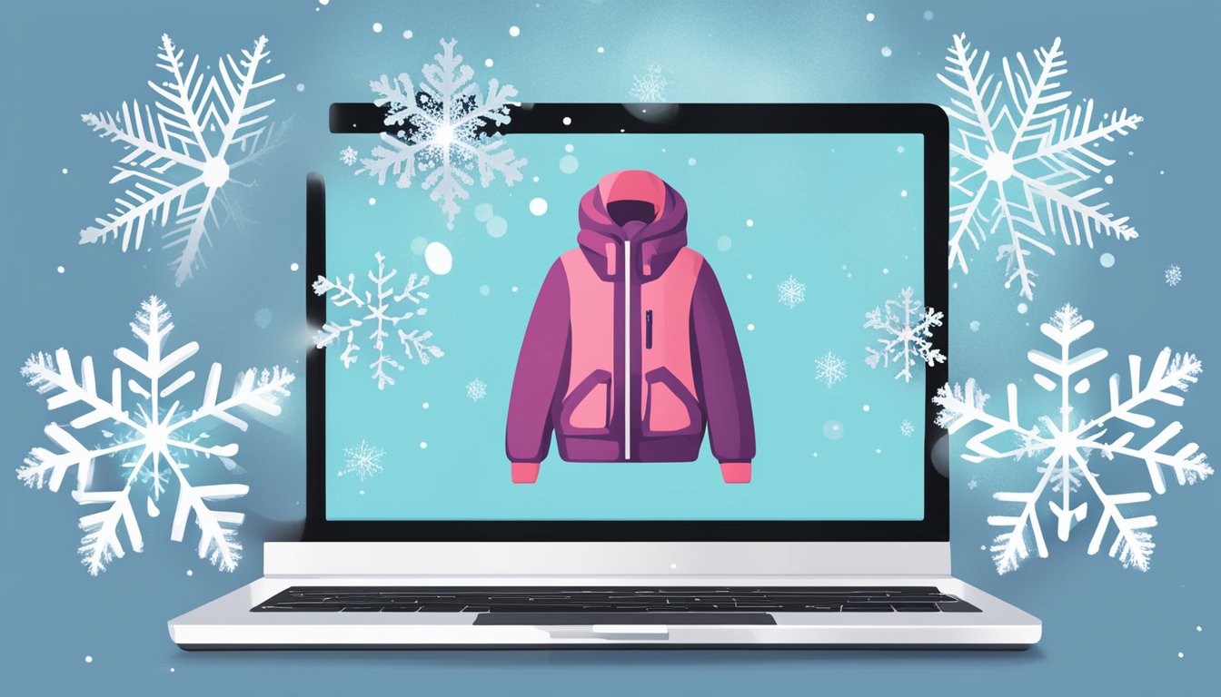 Snowflakes fall on a laptop screen showing a website with winter wear. A cursor hovers over a "buy now" button