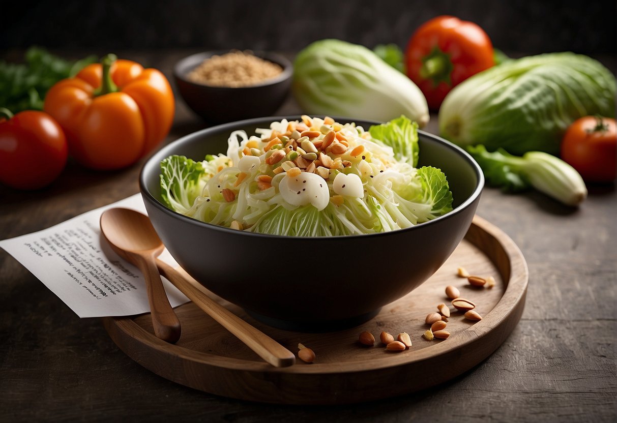 A bowl of Chinese cabbage salad surrounded by various ingredients and a recipe card with "Frequently Asked Questions Chinese cabbage salad recipe" written at the top
