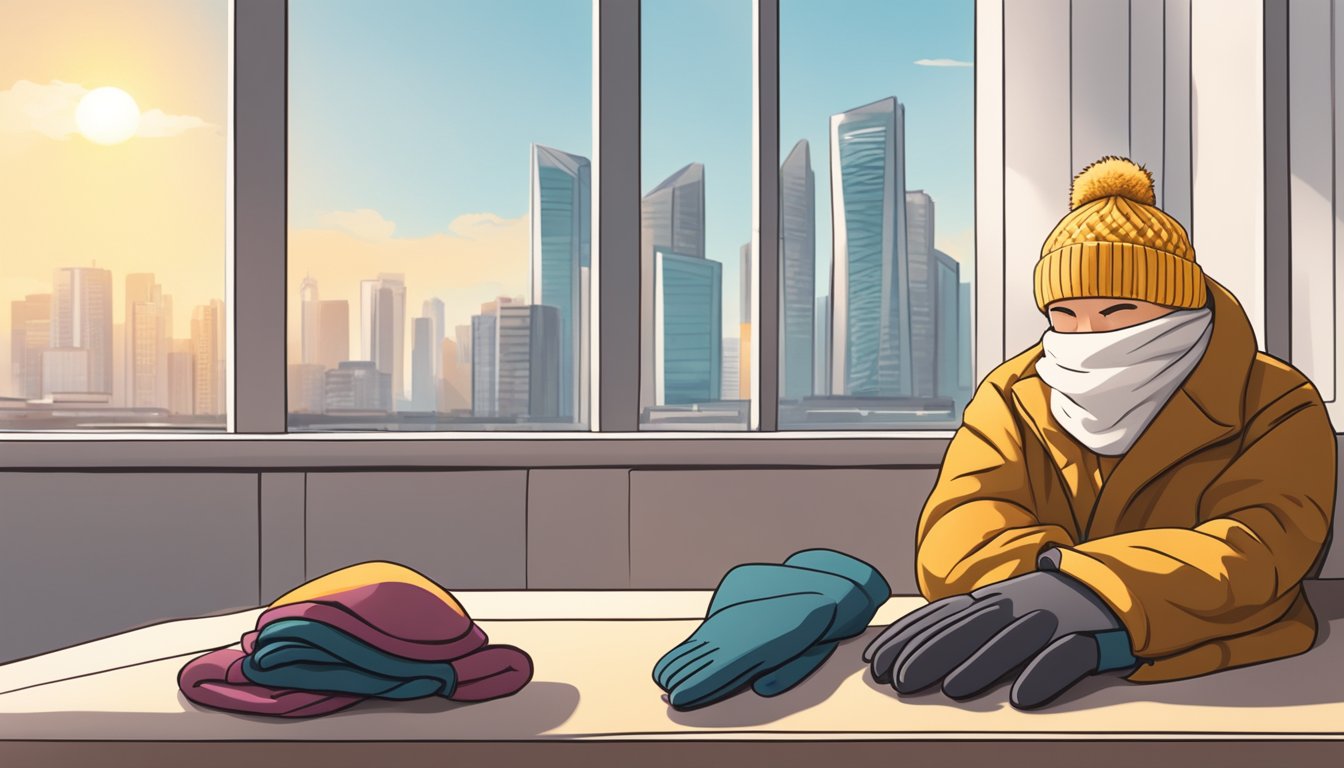 A cozy scarf, gloves, and a beanie lay on a table next to a warm winter coat. The background shows a sunny but cool day in Singapore