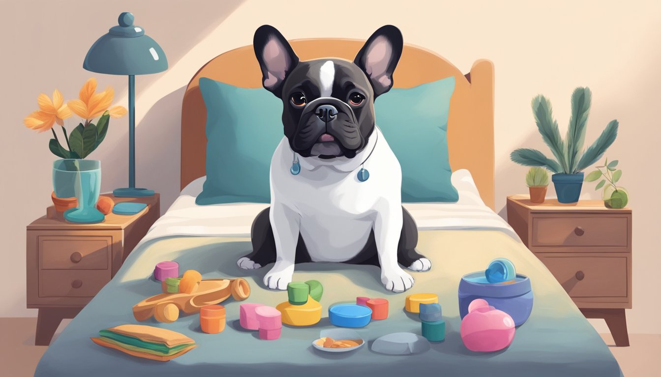 A french bulldog sits on a cozy bed, surrounded by toys and a bowl of water. A person gently brushes its fur, while another fills its food bowl