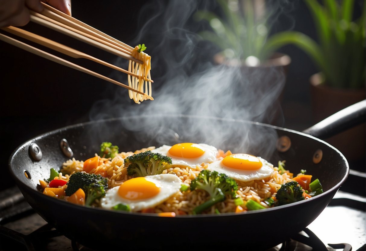A wok sizzles with stir-fried rice, eggs, and vegetables. Steam rises as soy sauce is drizzled in, adding a savory aroma