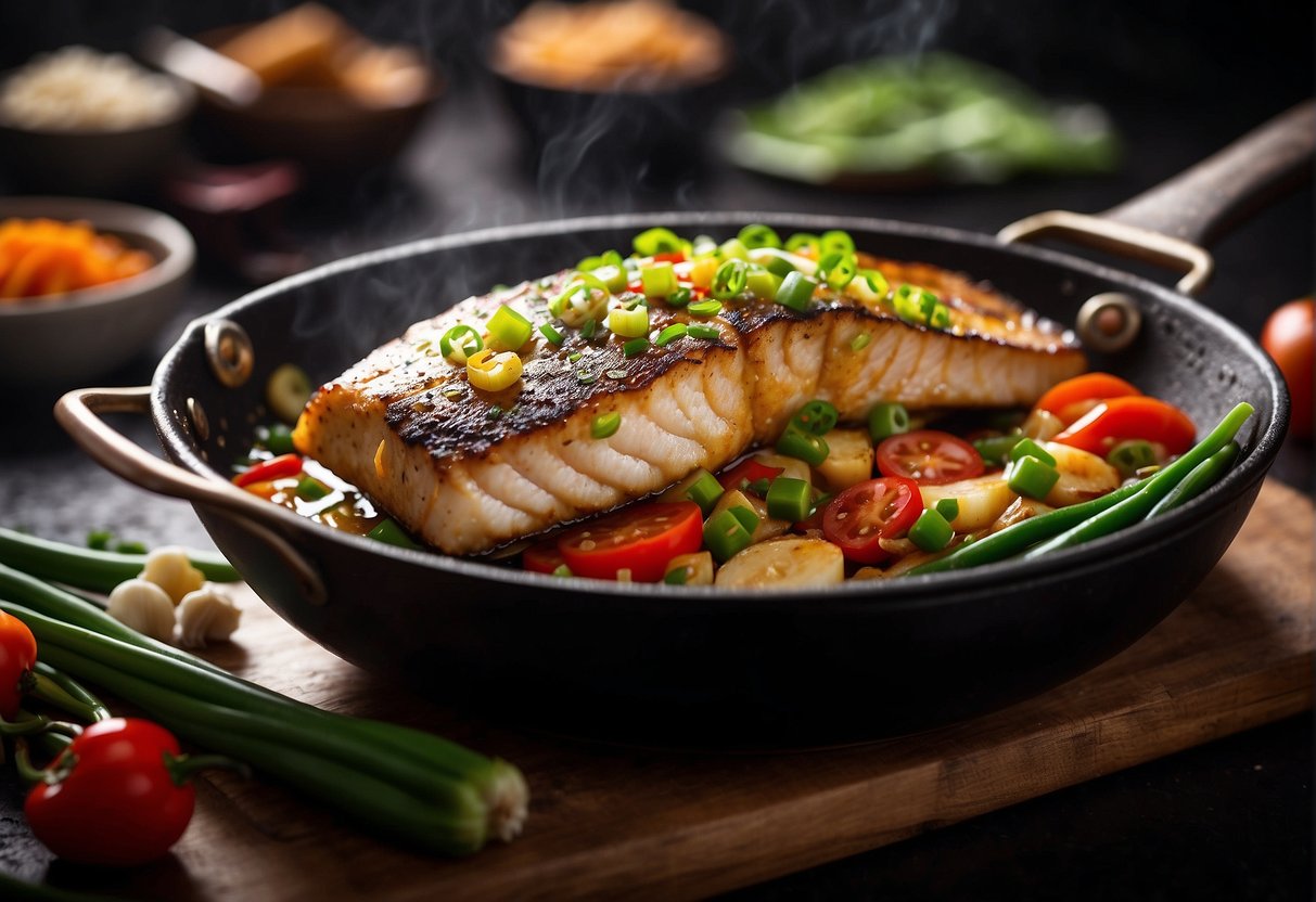 Golden brown sea bass sizzling in a wok with garlic, ginger, and soy sauce. Green onions and red chilies garnish the dish