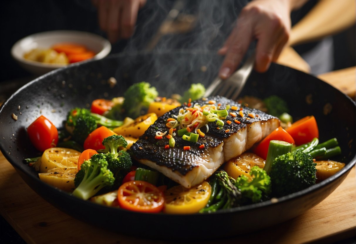 A sizzling sea bass fillet is being carefully placed onto a bed of vibrant stir-fried vegetables in a sizzling hot wok. Soy sauce and fragrant spices fill the air