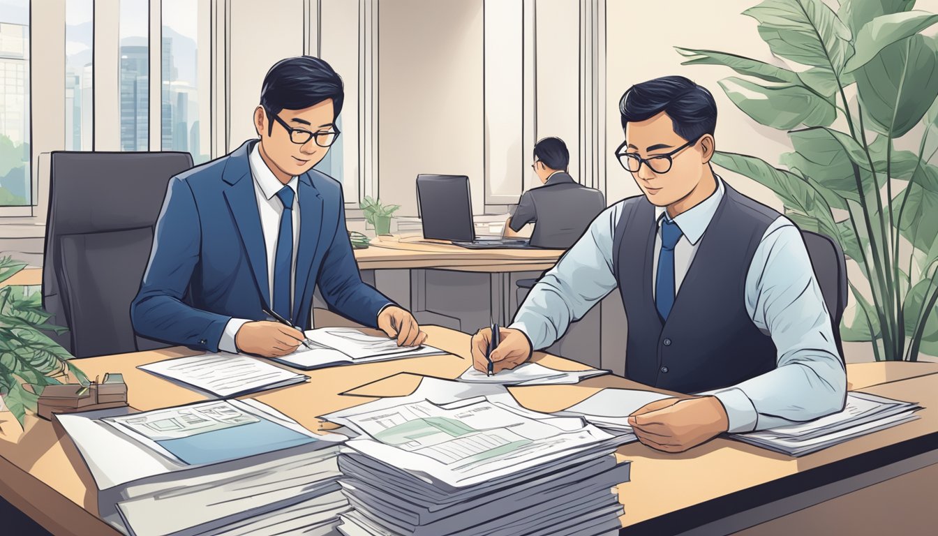 A money lender in Singapore explains lending process in an office setting with a customer signing documents and discussing terms